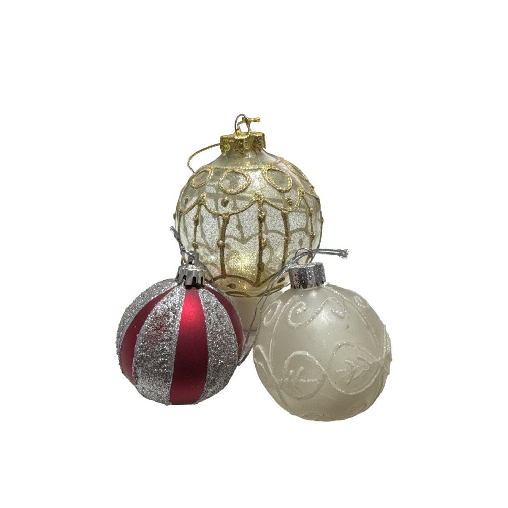Vintage Set of 3 Glass Ornaments Gold Silver Glitter